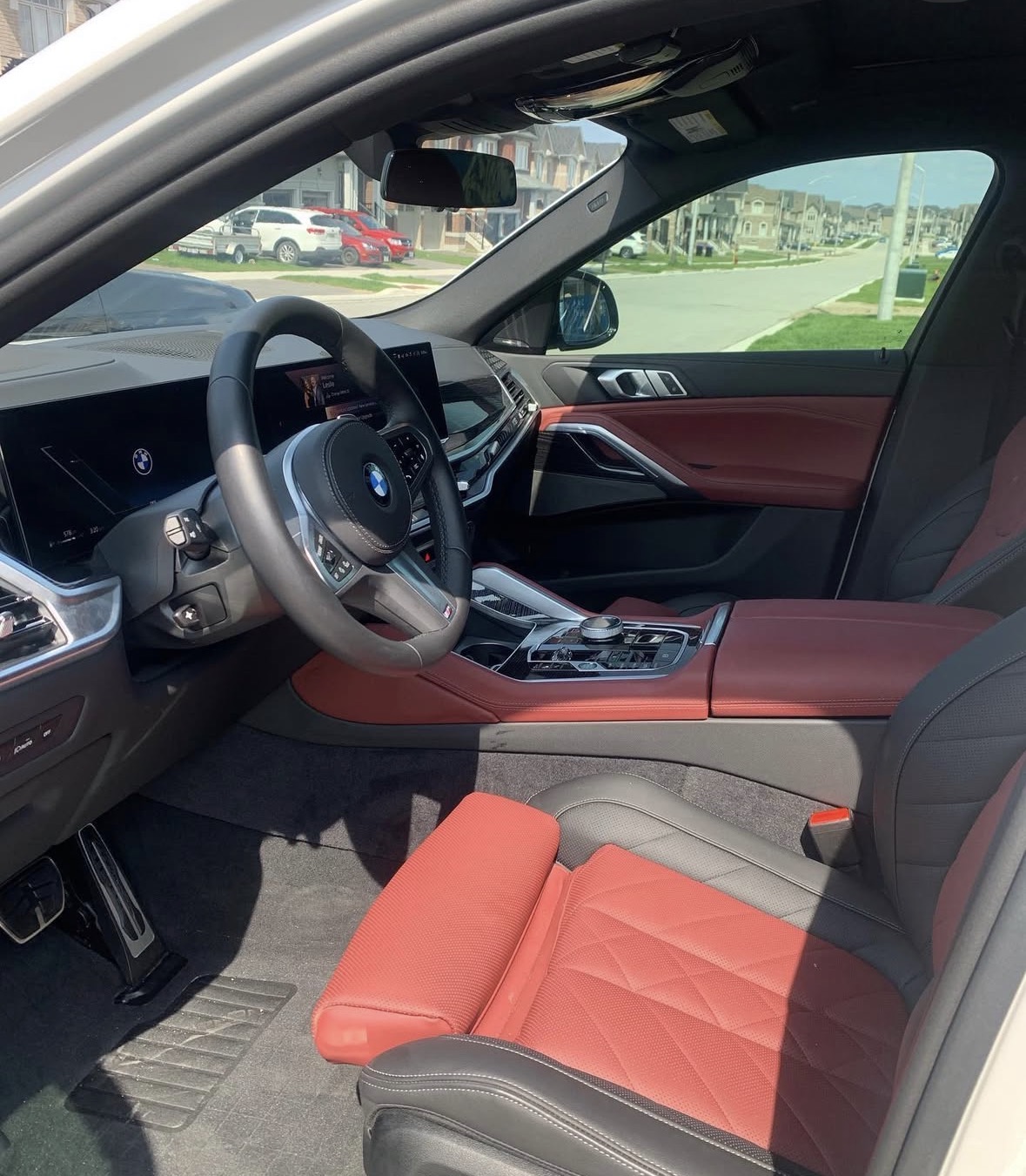 Detailed BMW interior with red leather