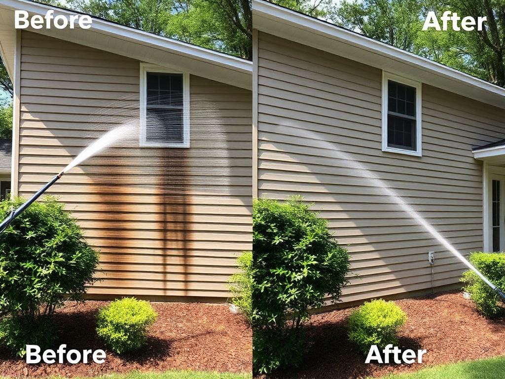 Before and after pressure washing siding