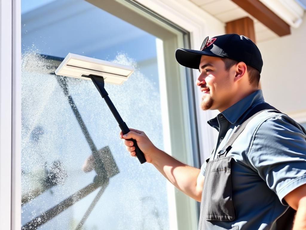 Pro cleaning a window with a squeegee